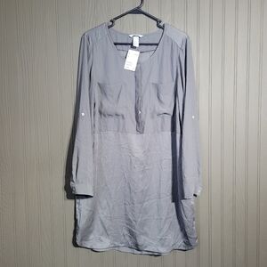 NWT H & M Long Sleeve Shirt Dress 1/2 Button Roll Tab Sleeve Gray Womens Size 14